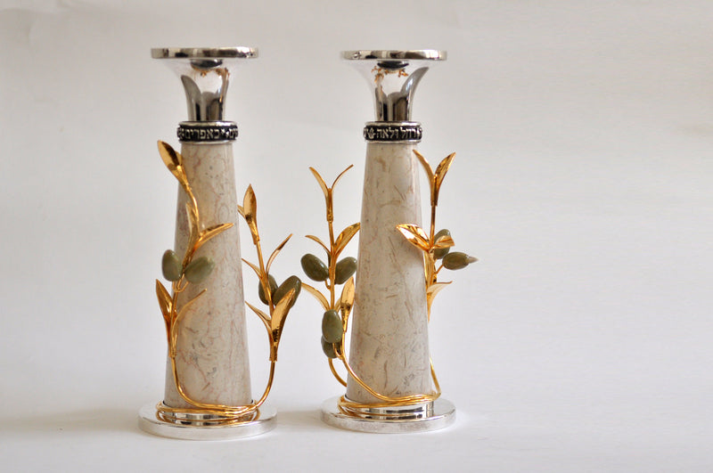 olive and  jerusalem stome shabbat candle sticks by itzhak luvaton