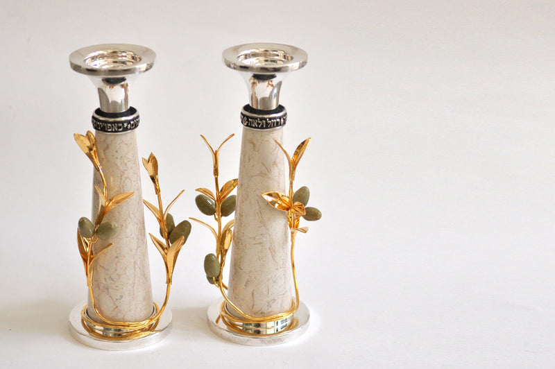 olive and  jerusalem stome shabbat candle sticks by itzhak luvaton